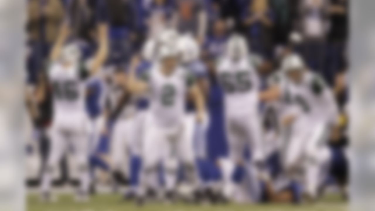 New York Jets place kicker Nick Folk (2) reacts after kicking the game winning 32-yard field goal during the fourth quarter of an NFL AFC wild card football playoff game against the Indianapolis Colts in Indianapolis, Saturday, Jan. 8, 2011. New York won 17-16.  (AP Photo/Nam Y. Huh)