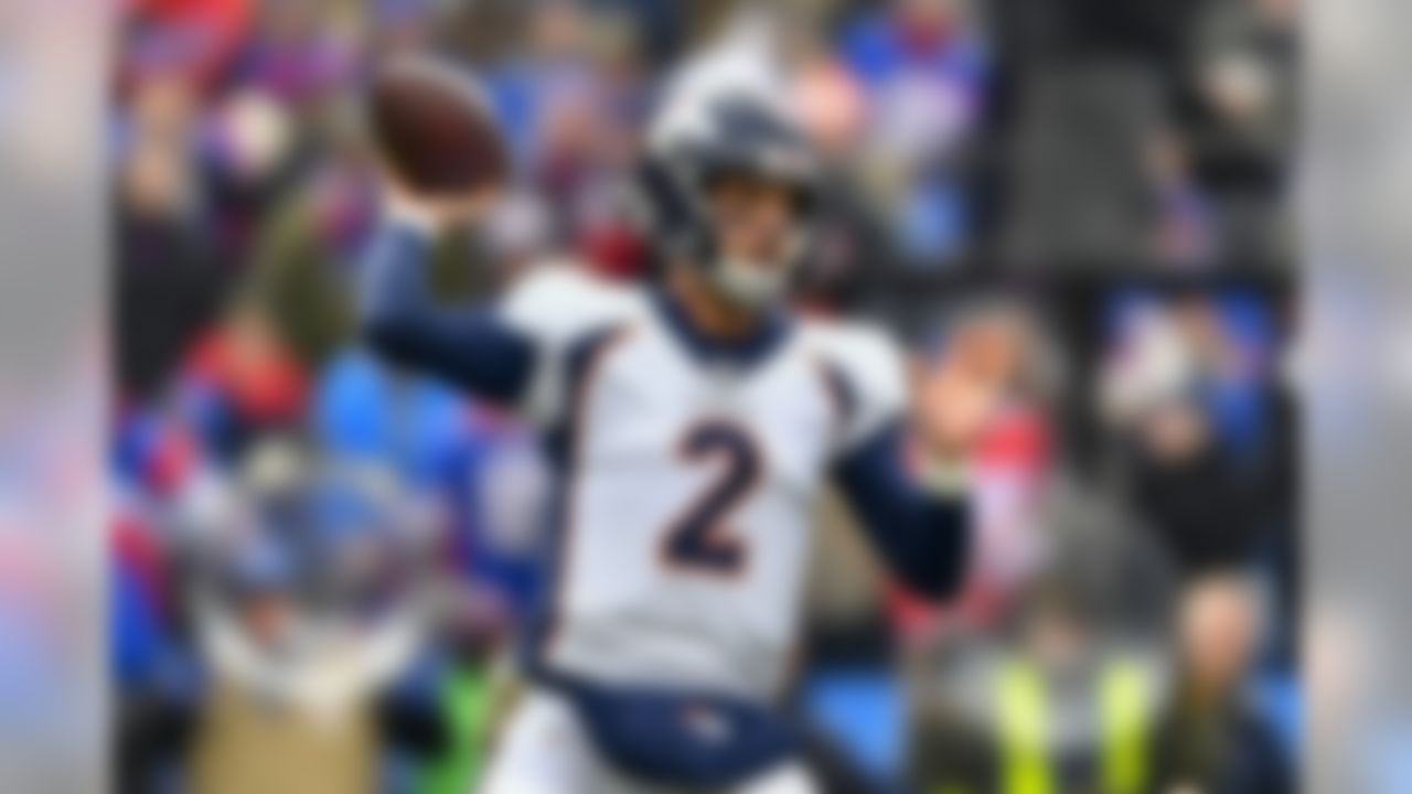 Denver Broncos quarterback Brandon Allen (2) passes against the Buffalo Bills during the first quarter of an NFL football game, Sunday, Nov. 24, 2019, in Orchard Park, N.Y. (AP Photo/Adrian Kraus)