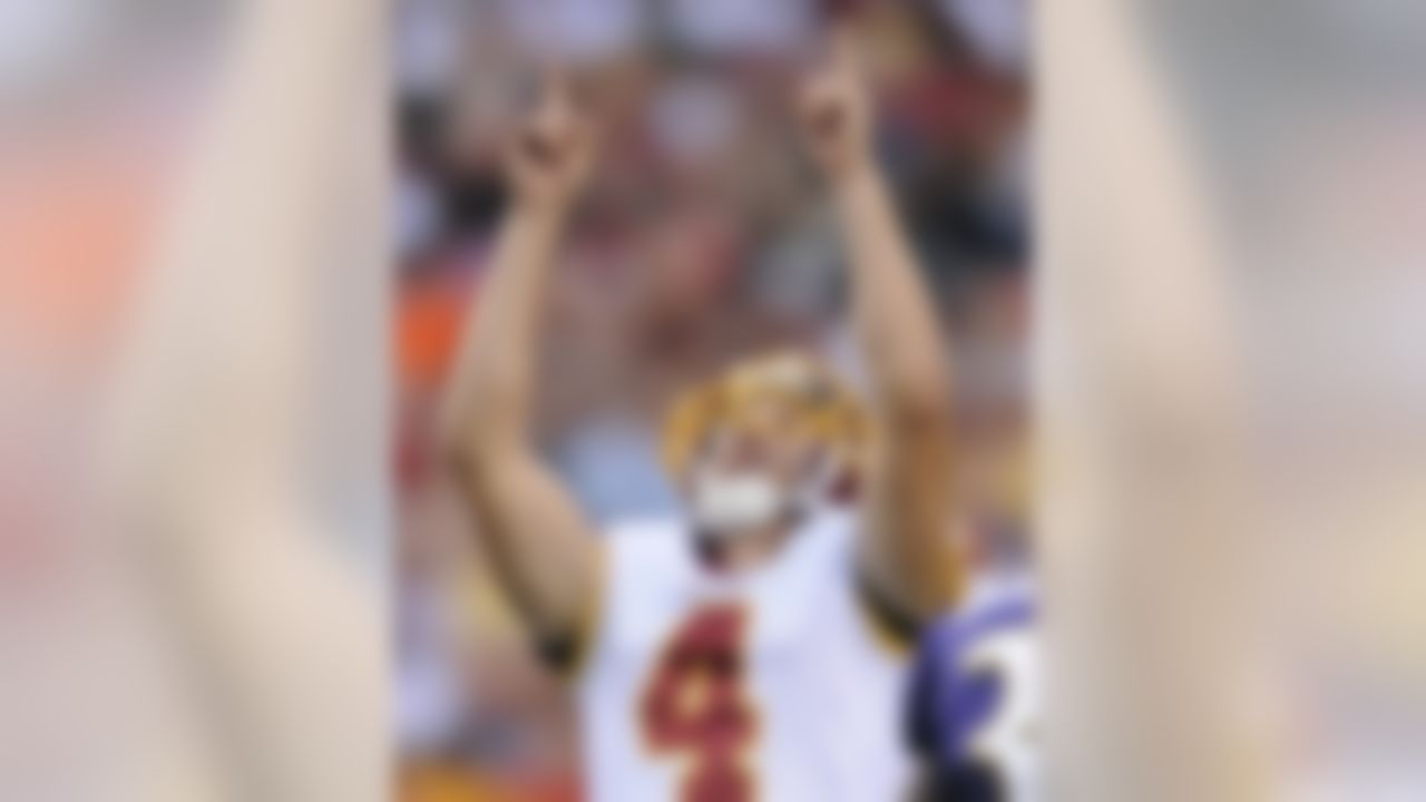Washington Redskins kicker Graham Gano celebrates his field goal during the first half of an NFL preseason football game against Baltimore Ravens in Landover, Md., on Saturday, Aug. 21, 2010. (AP Photo/Nick Wass)