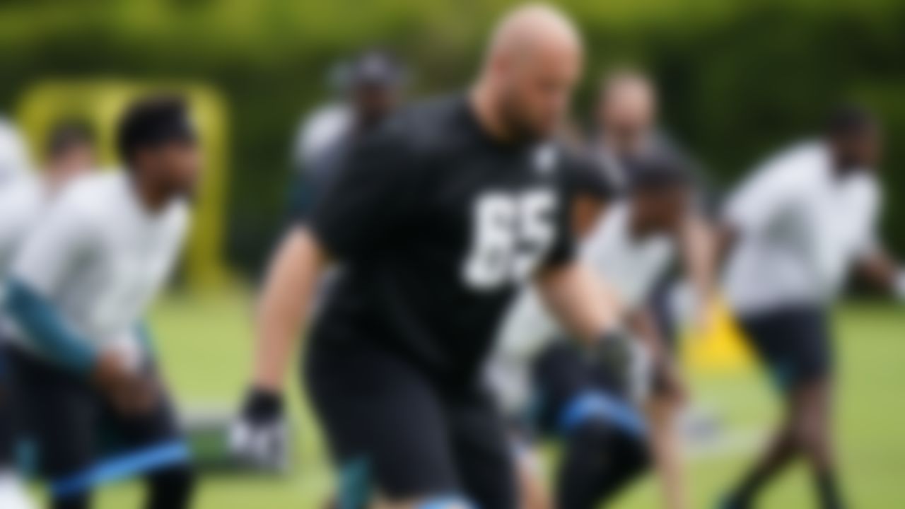 Philadelphia Eagles' Lane Johnson stretches during organized team activities at the NFL football team's training facility, Tuesday, May 25, 2021, in Philadelphia.