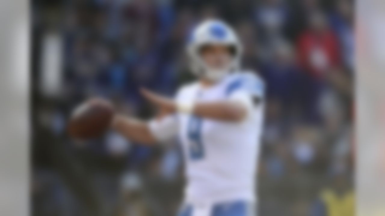 Detroit Lions quarterback Matthew Stafford throws to a receiver in the first half of an NFL football game against the Baltimore Ravens, Sunday, Dec. 3, 2017, in Baltimore. (AP Photo/Gail Burton)
