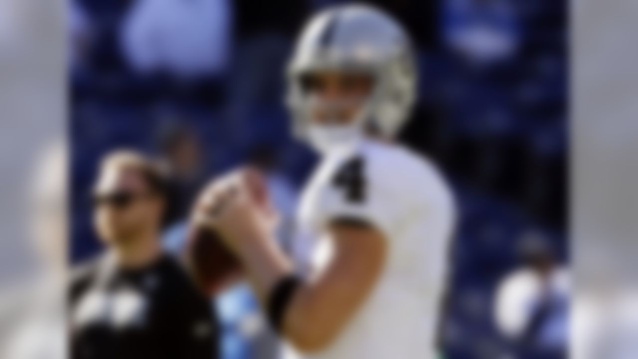 Oakland Raiders quarterback Derek Carr warms up before an NFL football game against the San Diego Chargers Sunday, Dec. 18, 2016, in San Diego. (AP Photo/Alex Gallardo)