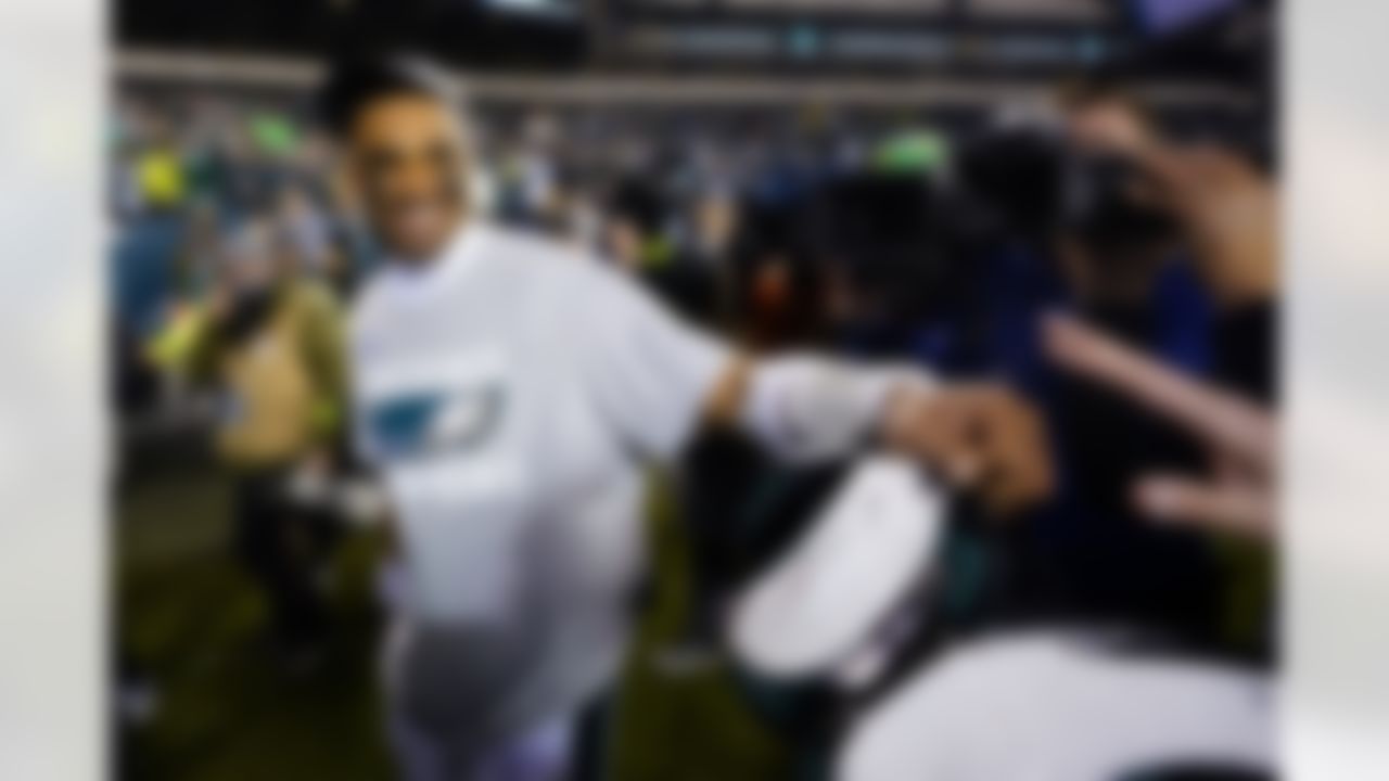 Philadelphia Eagles quarterback Jalen Hurts reacts after the NFC Championship NFL football game between the Philadelphia Eagles and the San Francisco 49ers on Sunday, Jan. 29, 2023, in Philadelphia. The Eagles won 31-7.