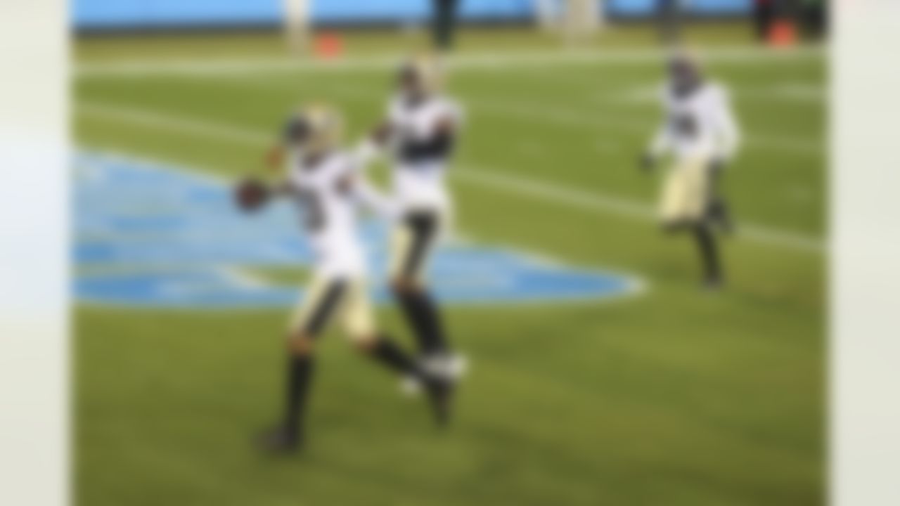 New Orleans Saints cornerback Marshon Lattimore (23) celebrates during an NFL football game against the Carolina Panthers on Sunday, January 3, 2021 in Charlotte, North Carolina.