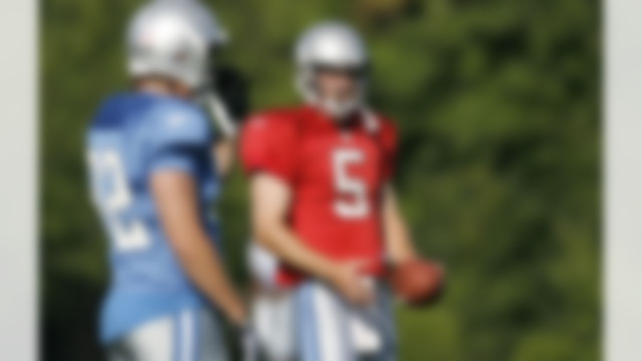 ALLEN PARK, MI - JULY 24: Drew Stanton #5 of the Detroit Lions gets ready to throw to Casey FitzSimmons #82 during training camp at the Detroit Lions Headquarters and Training Facility on July 24, 2008 in Allen Park, Michigan. (Photo by Gregory Shamus/Getty Images)