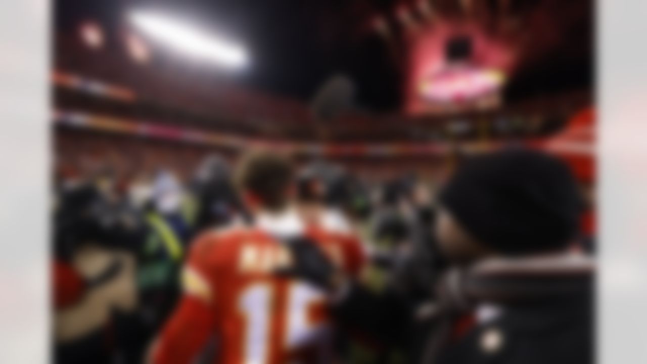 Kansas City Chiefs quarterback Patrick Mahomes (15) and Cincinnati Bengals quarterback Joe Burrow (9) speak after an NFL Conference Championship playoff game on Sunday, January 29, 2023 in Kansas City, Missouri.