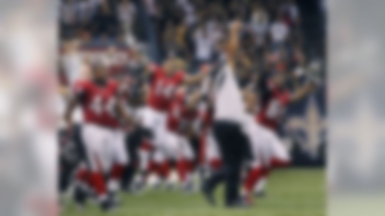 The Atlanta Falcons bench reacts after winning their  NFL football game against the New Orleans Saints in overtime at the Louisiana Superdome in New Orleans, La., Sunday, Sept. 26, 2010.  The Falcons won 27-24. (AP Photo/Patrick Semansky)