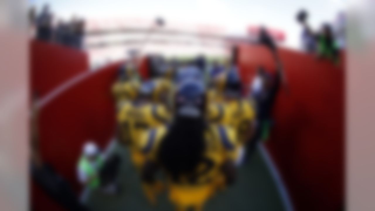 The Los Angeles Rams run out of the tunnel during an NFL football game against the San Francisco 49ers, Thursday, Sept. 21, 2017, in Santa Clara, Calif. The Rams defeated the 49ers, 41-39. (Ryan Kang/NFL)