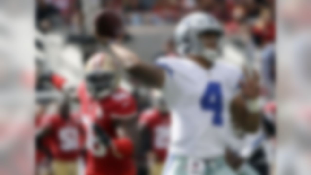Dallas Cowboys quarterback Dak Prescott (4) passes against the San Francisco 49ers during the first half of an NFL football game in Santa Clara, Calif., Sunday, Oct. 2, 2016. (AP Photo/Marcio Jose Sanchez)