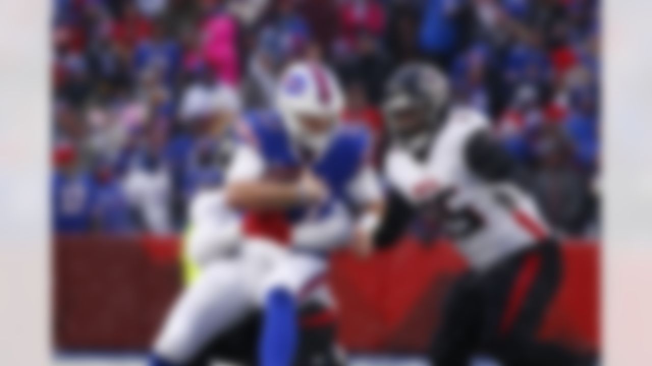 Atlanta Falcons' Foye Oluokun (54) sacks Buffalo Bills quarterback Josh Allen (17) during the second half of an NFL football game Sunday, Jan. 2, 2022, in Orchard Park, N.Y.
