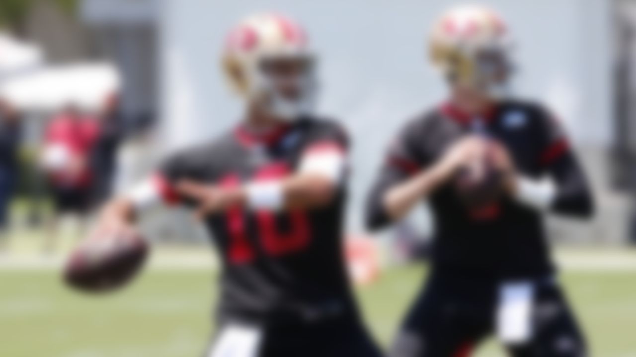 San Francisco 49ers quarterback Jimmy Garoppolo throws a pass during NFL football practice in Santa Clara, Calif., Wednesday, June 2, 2021.