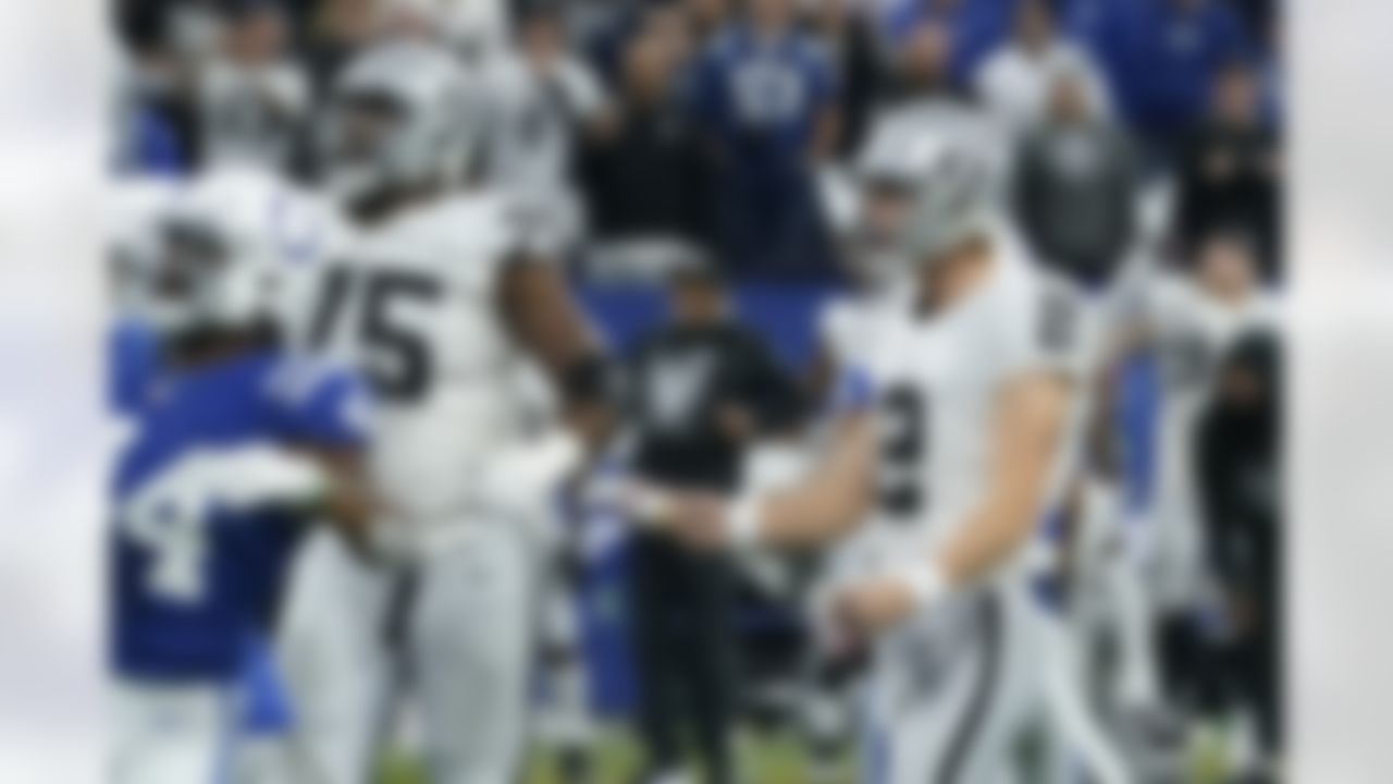 Las Vegas Raiders kicker Daniel Carlson (2) celebrates after kicking a 33-yard field goal on the final play of an NFL football game against the Indianapolis Colts, Sunday, Jan. 2, 2022, in Indianapolis. The Raiders won 23-20.