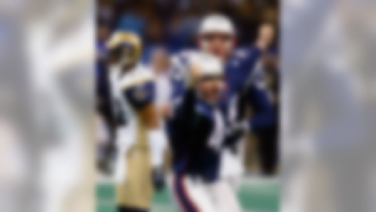 The Cinderella Patriots capped one of the most exciting playoff runs in history with a huge upset over heavily favored St. Louis in Super Bowl  XXXVI. Adam Vinatieri, whose clutch kicks in the "Tuck Rule" game are the stuff of legend in New England, kicked the winning 48-yard field goal as time expired to give the Patriots their first Super Bowl win.