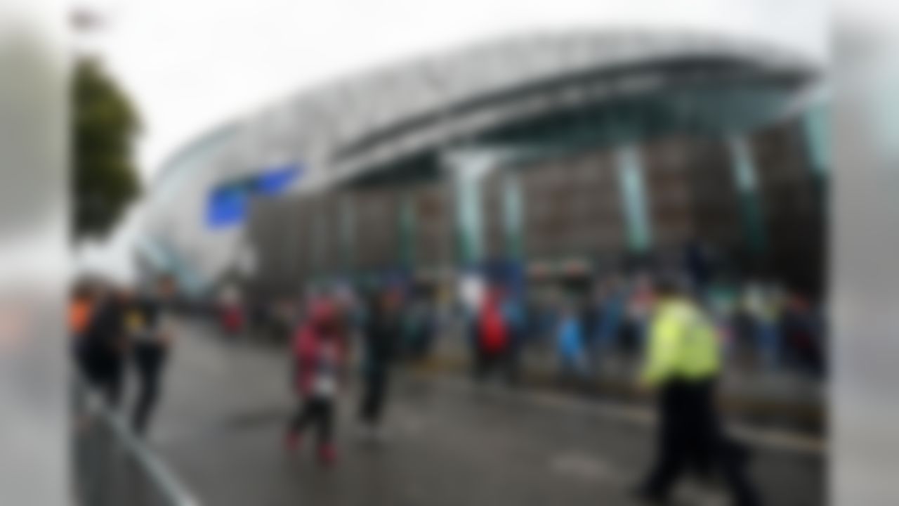 Fans arrive prior to an NFL football game between the Carolina Panthers and Tampa Bay Buccaneers, Sunday, Oct. 13, 2019 at Tottenham Hotspur Stadium in London.