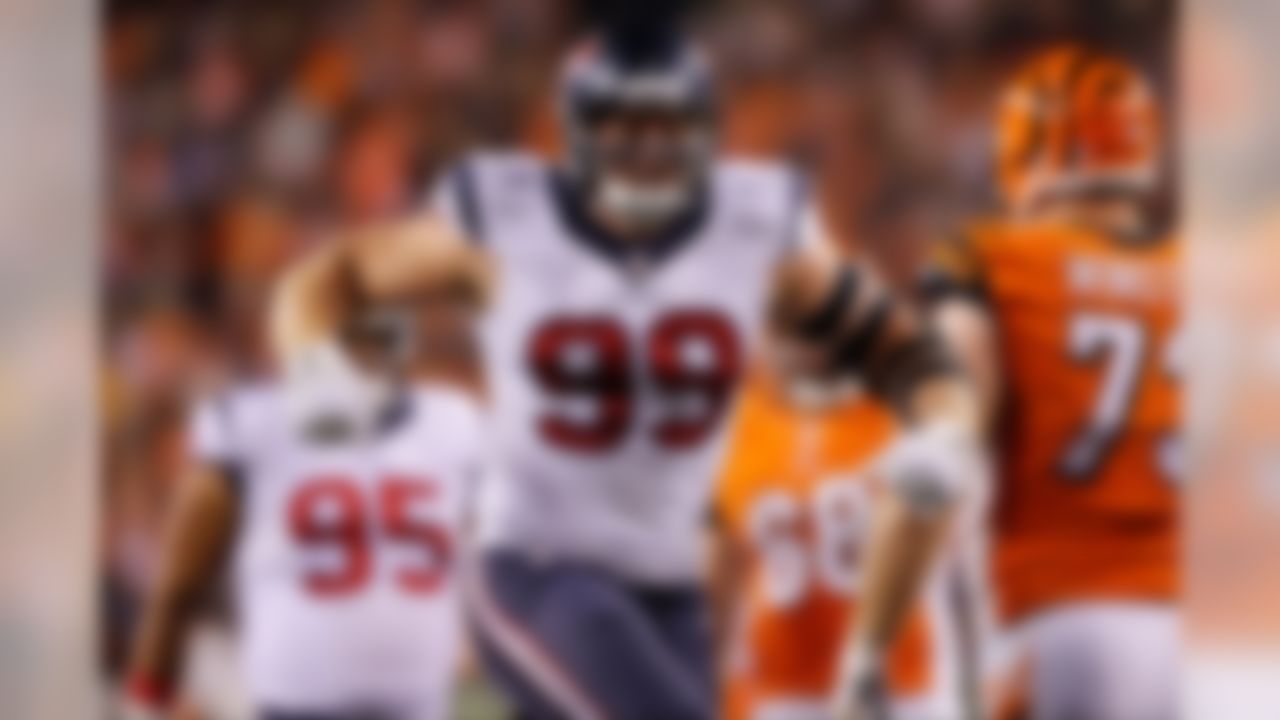 Houston Texans defensive end J.J. Watt (99) celebrates his sack during the NFL regular season game against the Cincinnati Bengals on Monday, Nov. 16, 2015 in Cincinnati. (Ric Tapia/NFL)