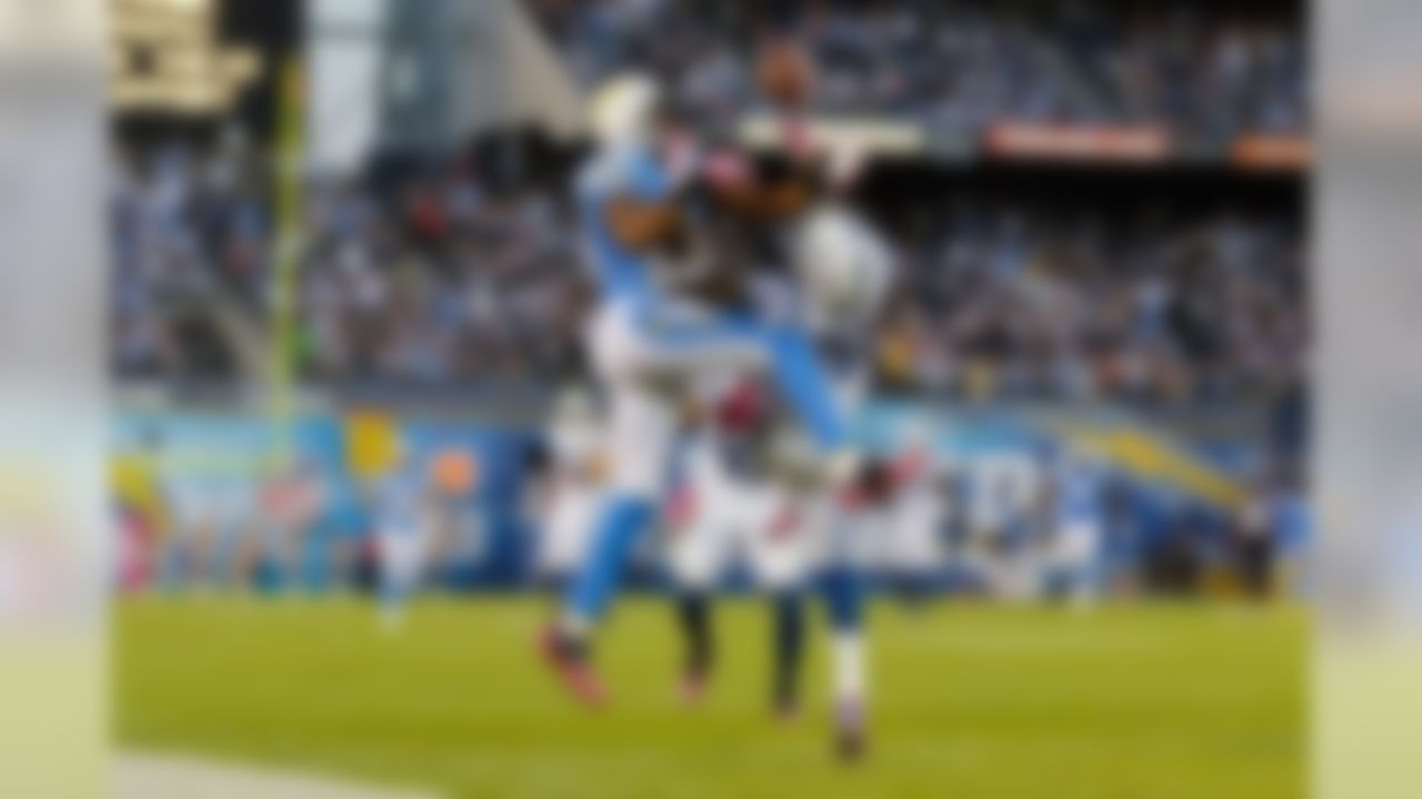 San Diego Chargers wide receiver Vincent Brown (86) and Indianapolis Colts cornerback Greg Toler (28) go after for the football in the first half on Monday, Sep. 9, 2013 at Qualcomm Stadium in San Diego, Calif. (Ric Tapia/NFL)