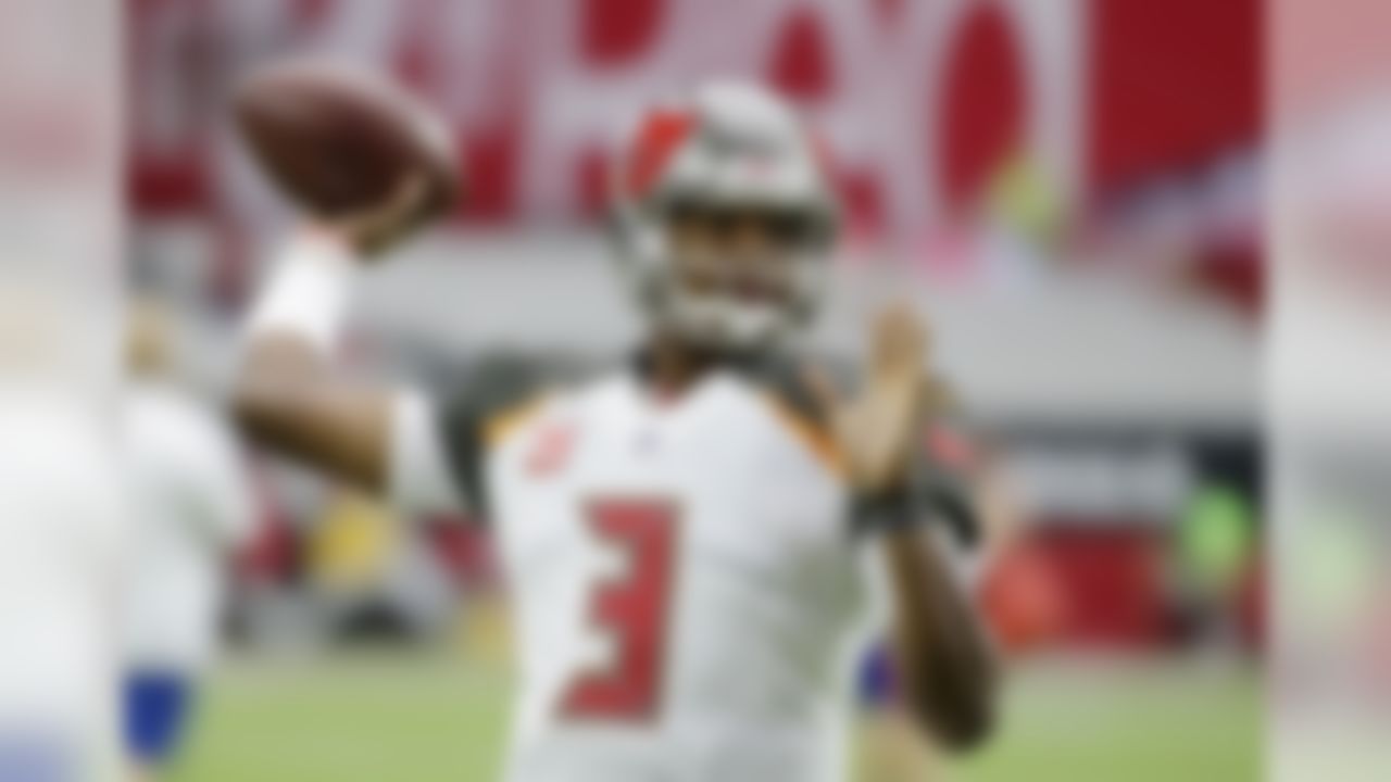 Tampa Bay Buccaneers quarterback Jameis Winston warms up prior to an NFL football game against the Arizona Cardinals, Sunday, Oct. 15, 2017, in Glendale, Ariz. (AP Photo/Rick Scuteri)