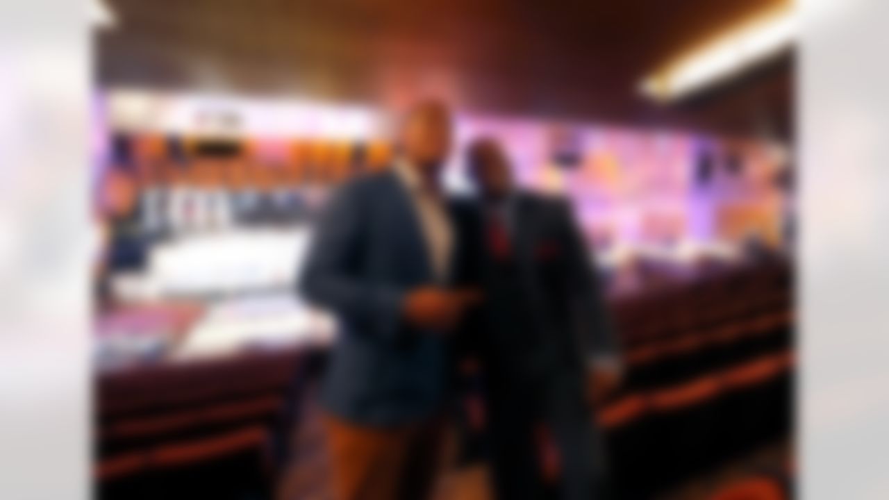 Eric Ebron poses for a photo with Hall of Fame cornerback Deion Sanders prior to the 2014 NFL Draft at Radio City Music Hall on May 8, 2014 in New York, NY. (Ben Liebenberg/NFL)