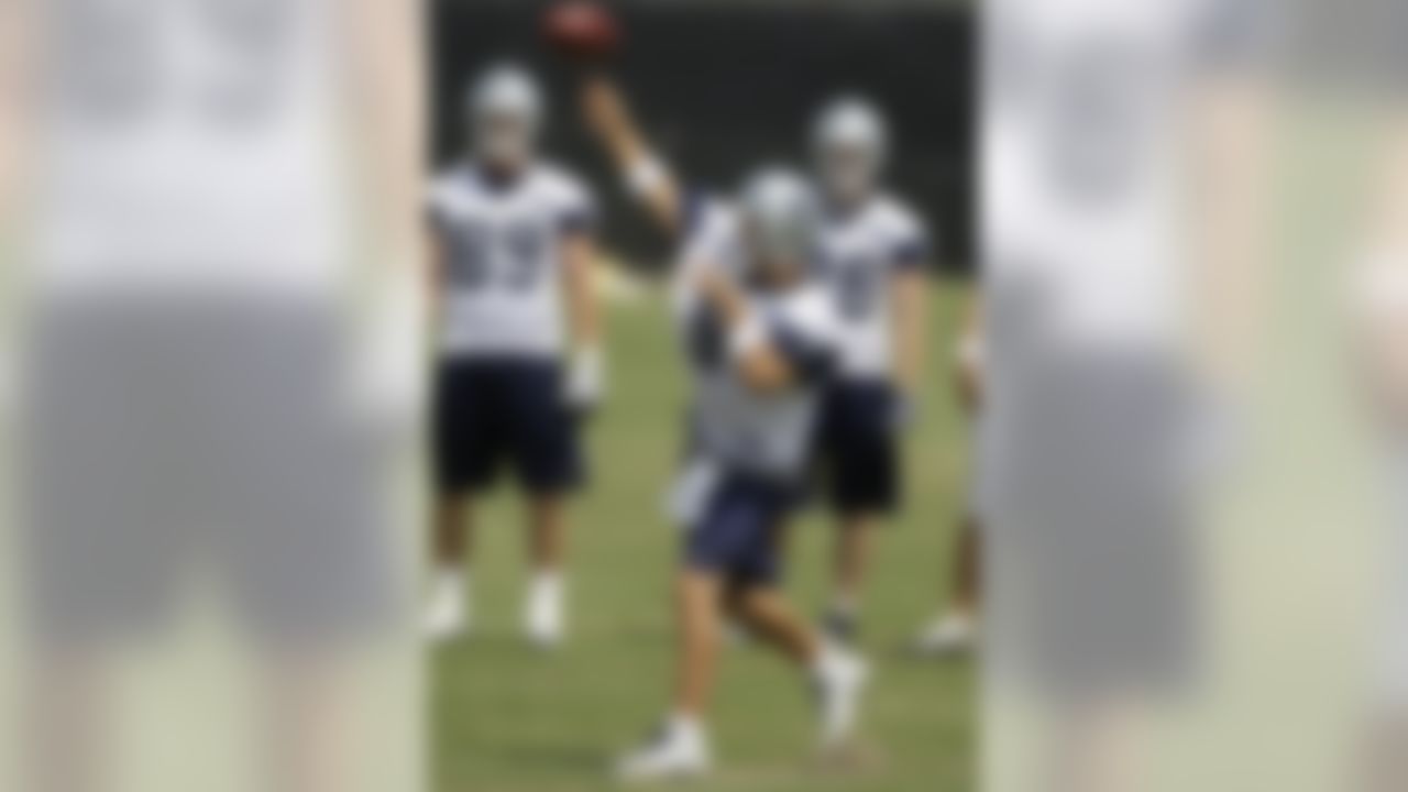 Dallas Cowboys quarterback Tony Romo (9) passes as tight end John Phillips (89) and Scott Sicko (86) look on during an OTA at the teams training facility  Monday, May 24, 2010 in Irving, Texas. (AP Photo/Tony Gutierrez)