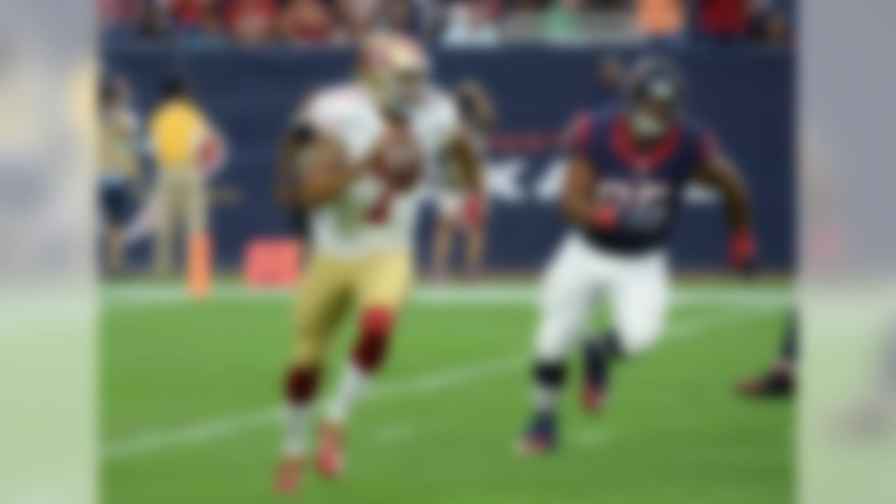 San Francisco 49ers' Colin Kaepernick (7) is pressured by Houston Texans' Christian Covington (95) during the first half of an NFL preseason football game, Saturday, Aug. 15, 2015, in Houston. (AP Photo/George Bridges)