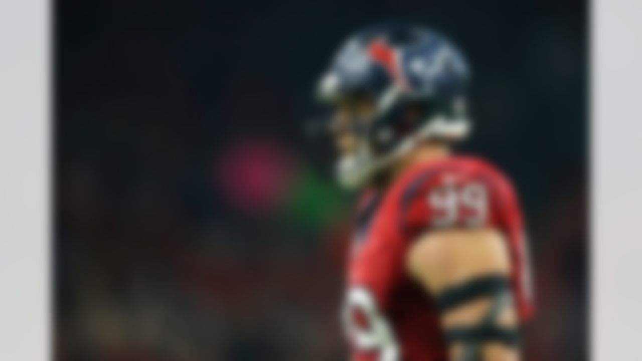 Houston Texans defensive end J.J. Watt (99) looks on during an NFL football game against the New England Patriots on Sunday, Dec. 13, 2015, in Houston. New England won 27-6. (Aaron M. Sprecher via AP)