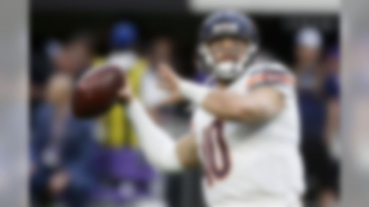 Chicago Bears quarterback Mitchell Trubisky warms up before an NFL football game against the Minnesota Vikings, Sunday, Dec. 30, 2018, in Minneapolis. (AP Photo/Jim Mone)