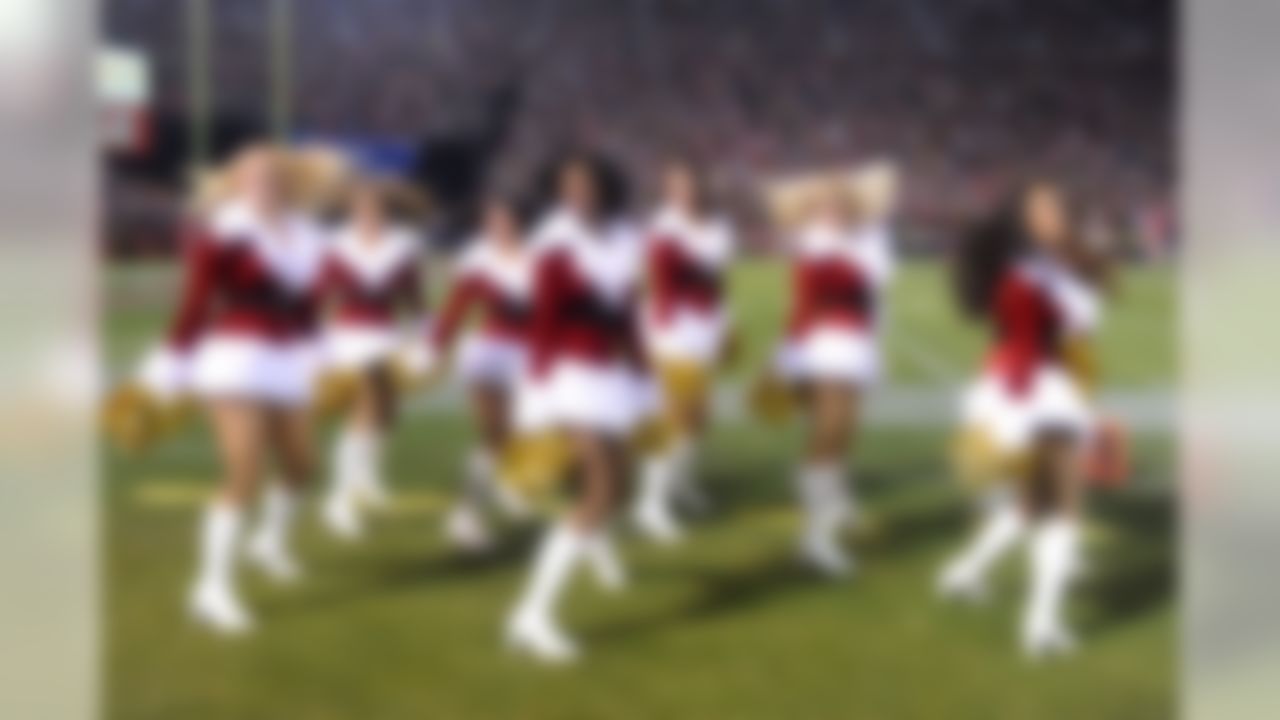 Dec 19, 2011; San Francisco, CA, USA; San Francisco 49ers gold rush cheerleaders perform in Christmas costumes during the game against the Pittsburgh Steelers at Candlestick Park. Mandatory Credit: Kirby Lee/Image of Sport-US PRESSWIRE