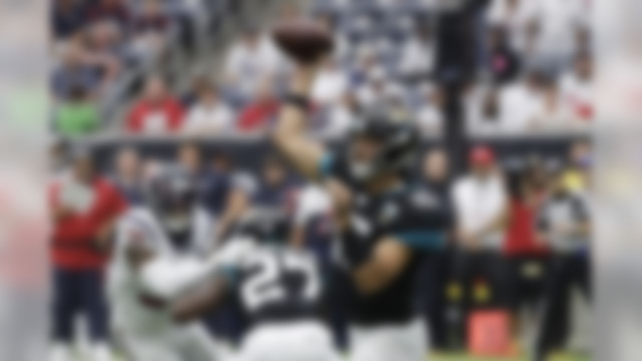 Jacksonville Jaguars quarterback Gardner Minshew (15) throws against the Houston Texans during the first half of an NFL football game Sunday, Sept. 15, 2019, in Houston. (AP Photo/David J. Phillip)