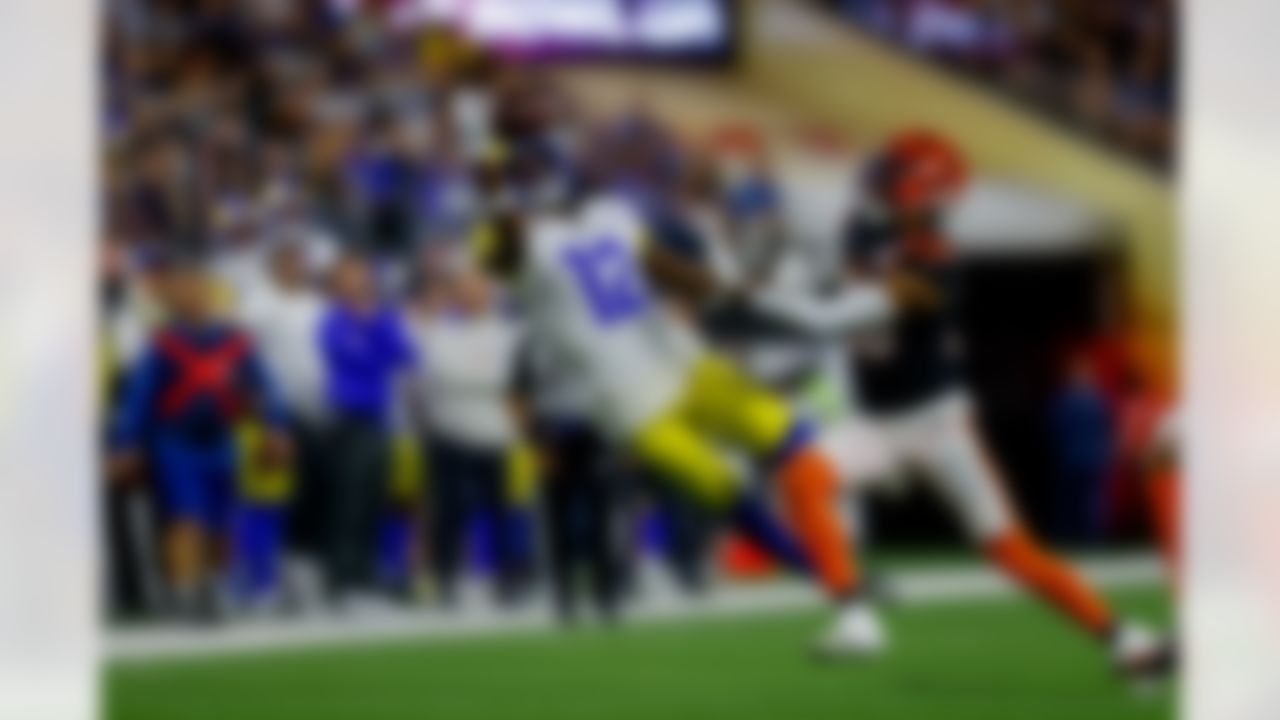 Los Angeles Rams wide receiver Van Jefferson (12) makes a catch as he is defended by Cincinnati Bengals cornerback Eli Apple (20) during Super Bowl LVI on Sunday, February 13, 2022 in Inglewood, California.
