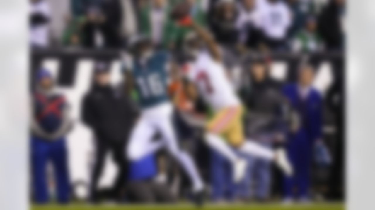 San Francisco 49ers cornerback Charvarius Ward (7) breaks up a pass intended for Philadelphia Eagles wide receiver Quez Watkins (16) during the second half of the NFC Championship NFL football game between the Philadelphia Eagles and the San Francisco 49ers on Sunday, Jan. 29, 2023, in Philadelphia.