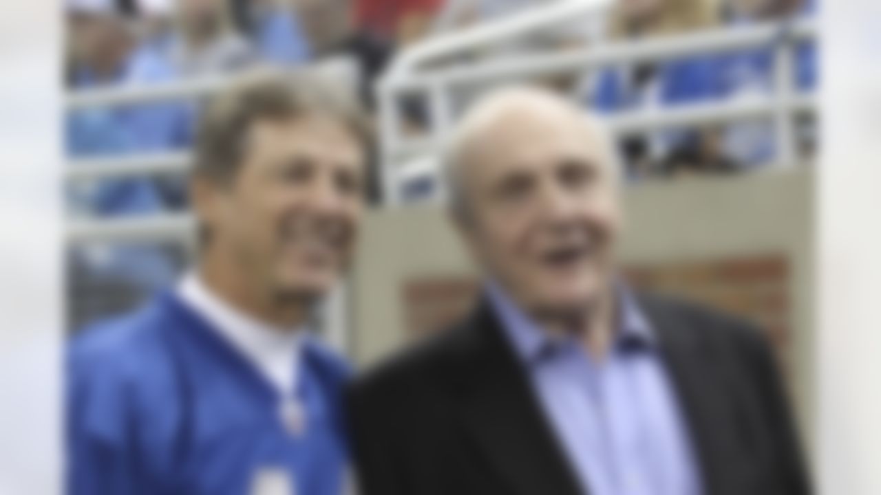Former Lions standouts Joe Schmidt, right, and Dick LeBeau are seen before the start of the first quarter of an NFL football game against the St. Louis Rams at  Ford Field in Detroit, Sunday, Oct. 10, 2010. (AP Photo/Bill Fundaro)