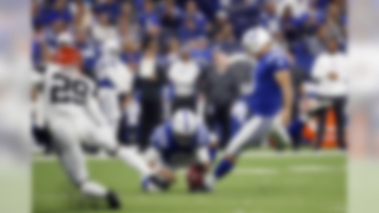 Indianapolis Colts kicker Adam Vinatieri (4) boots a 51-yard field goal from the hold of Rigoberto Sanchez during the first half of an NFL football game against the Cincinnati Bengals in Indianapolis, Sunday, Sept. 9, 2018. (AP Photo/John Minchillo)