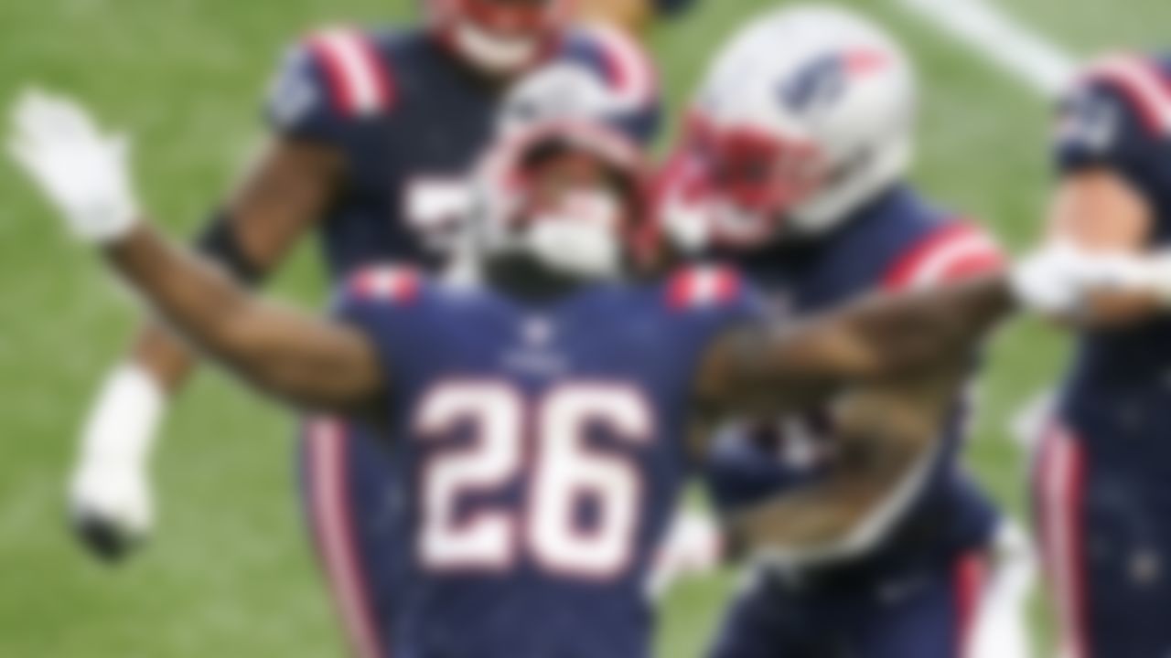 Patriots running back Sony Michel celebrates his touchdown with James White, right, in the second half of New England's victory over the Jets in Foxborough, Mass.
