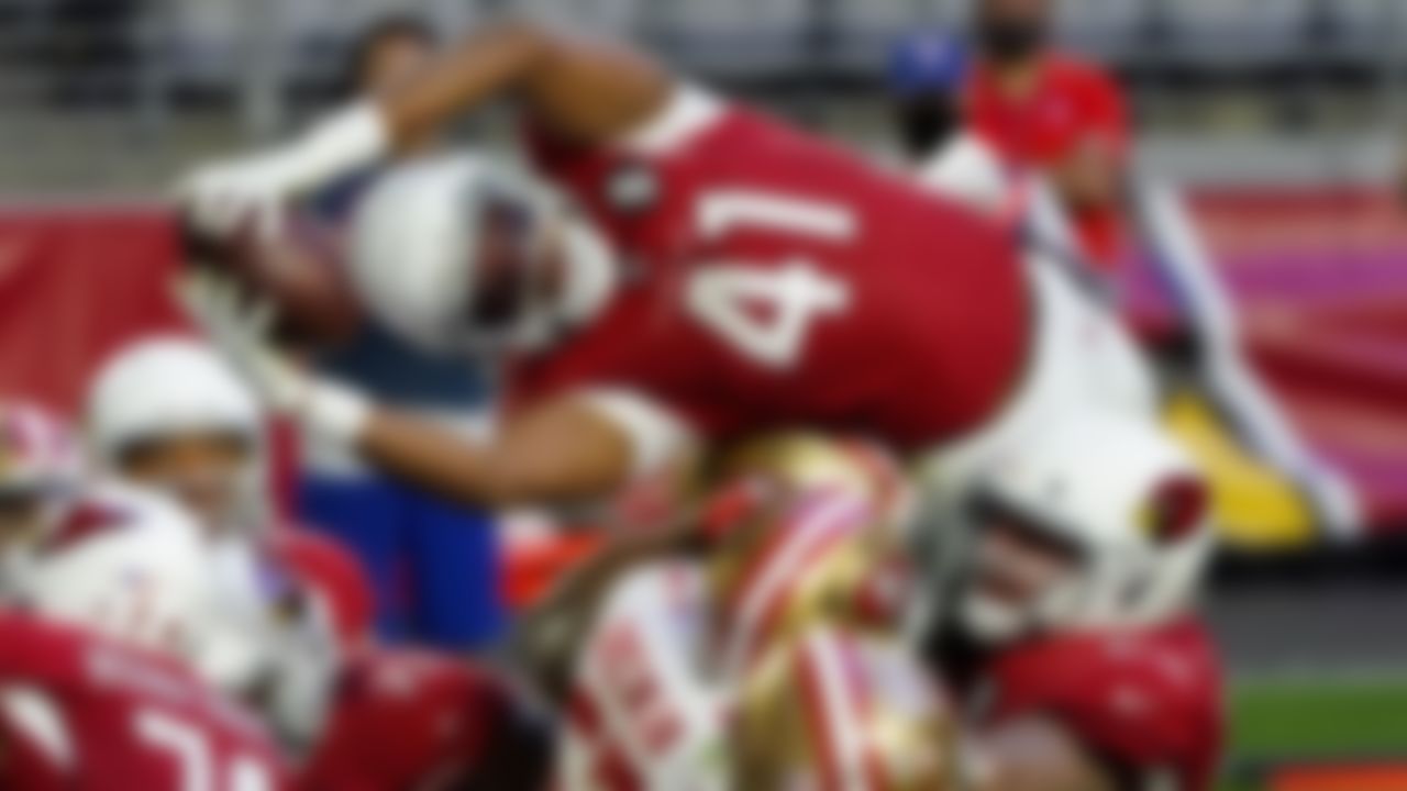 Arizona Cardinals running back Kenyan Drake (41) dives into the end zone for a touchdown against the San Francisco 49ers on Saturday.