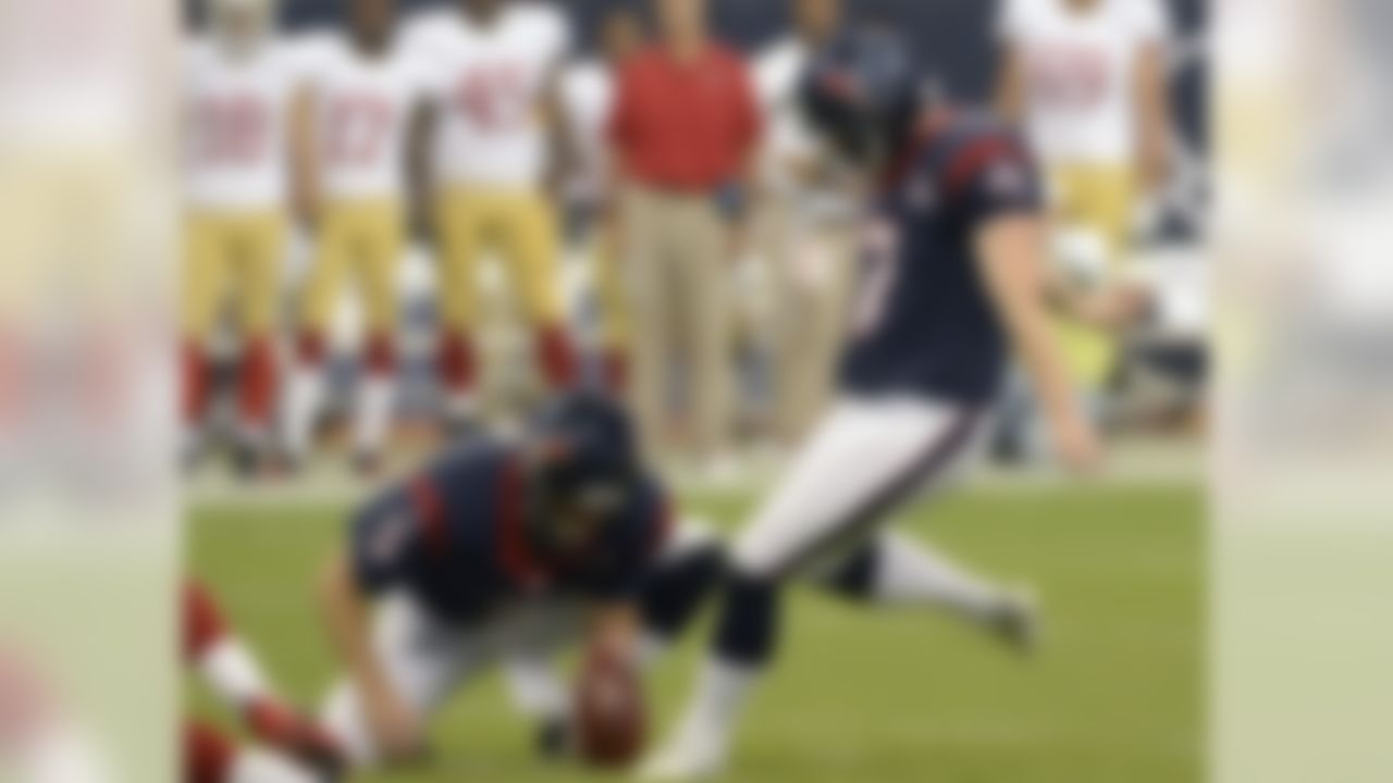 Houston Texans' Shayne Graham (17) kicks a field goal as  Donnie Jones (5) holds the ball to put the Texans on the score board against the San Francisco 49ers in the first quarter an NFL preseason football game Saturday, Aug. 18, 2012, in Houston. (AP Photo/Dave Einsel)