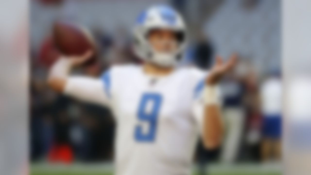 Detroit Lions quarterback Matthew Stafford (9) warms up prior to an NFL football game against the Arizona Cardinals, Sunday, Dec. 9, 2018, in Glendale, Ariz. (AP Photo/Rick Scuteri)