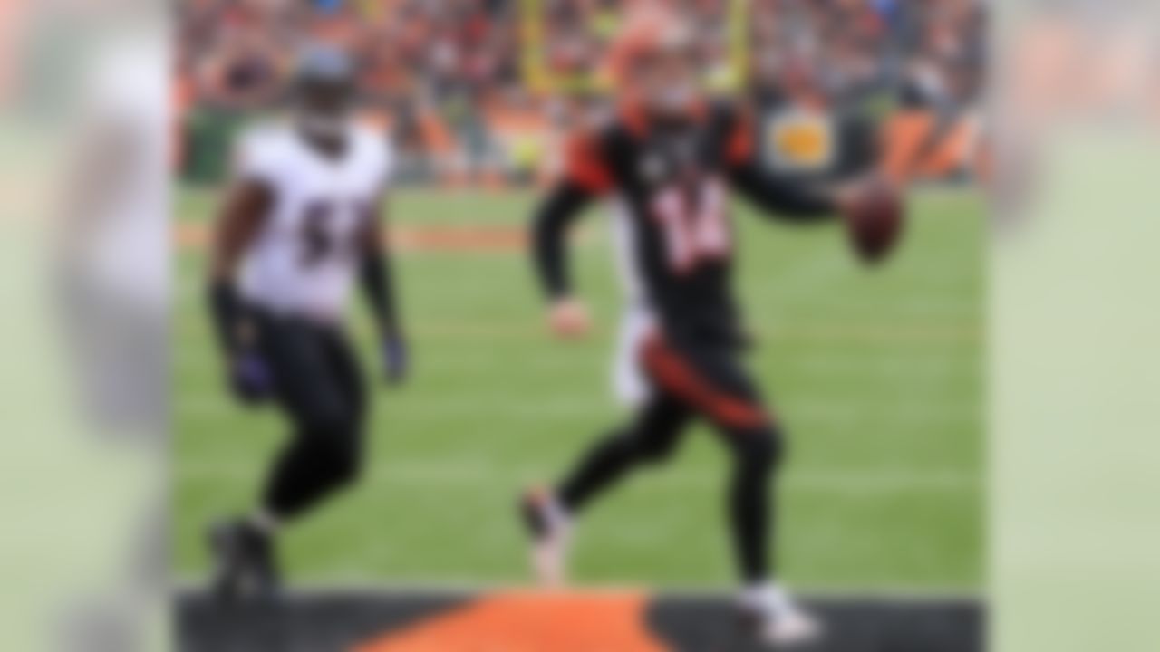 Cincinnati Bengals quarterback Andy Dalton (14) runs past Baltimore Ravens inside linebacker Jameel McClain (53) for a 1-yard touchdown run in the second half of an NFL football game on Sunday, Dec. 29, 2013, in Cincinnati. (AP Photo/Tom Uhlman)