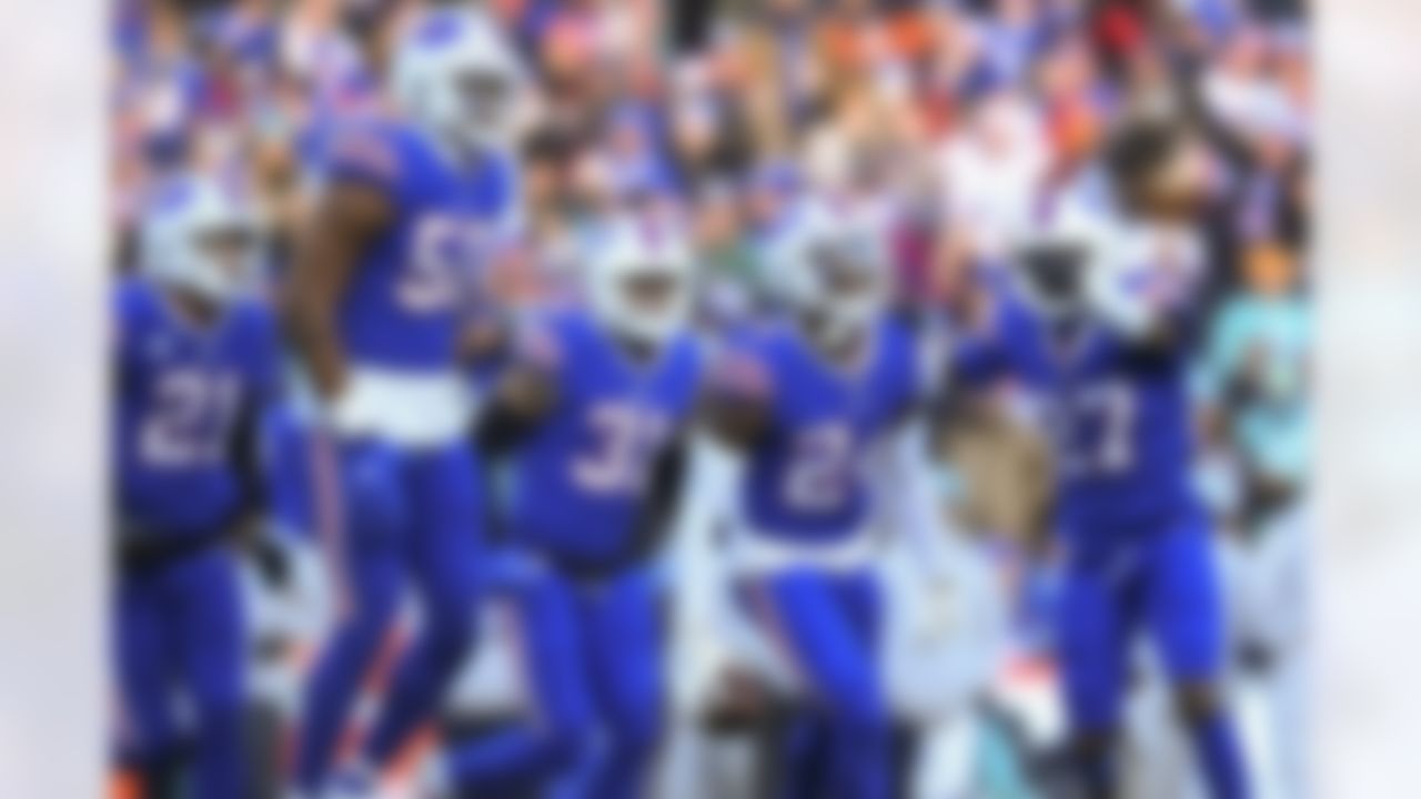 Buffalo Bills cornerback Kaiir Elam (24) celebrates after intercepting a pass during an NFL Super Wild Card Weekend playoff game against the Miami Dolphins on Sunday, January 15, 2023 in Orchard Park, New York.