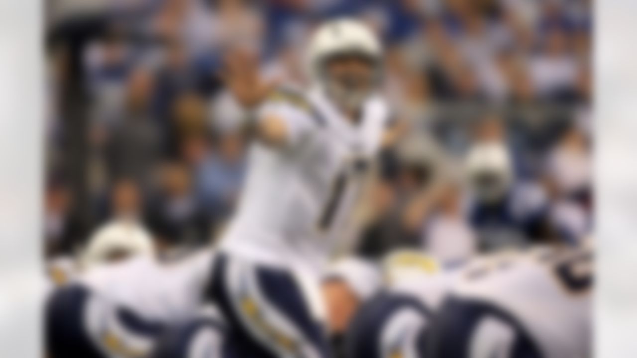 INDIANAPOLIS - JANUARY 13:  Quarterback Philip Rivers #17 of the San Diego Chargers signals a play at the line of scrimmage against the Indianapolis Colts during their AFC Divisional Playoff game at the RCA Dome on January 13, 2008 in Indianapolis, Indiana.  (Photo by Streeter Lecka/Getty Images)