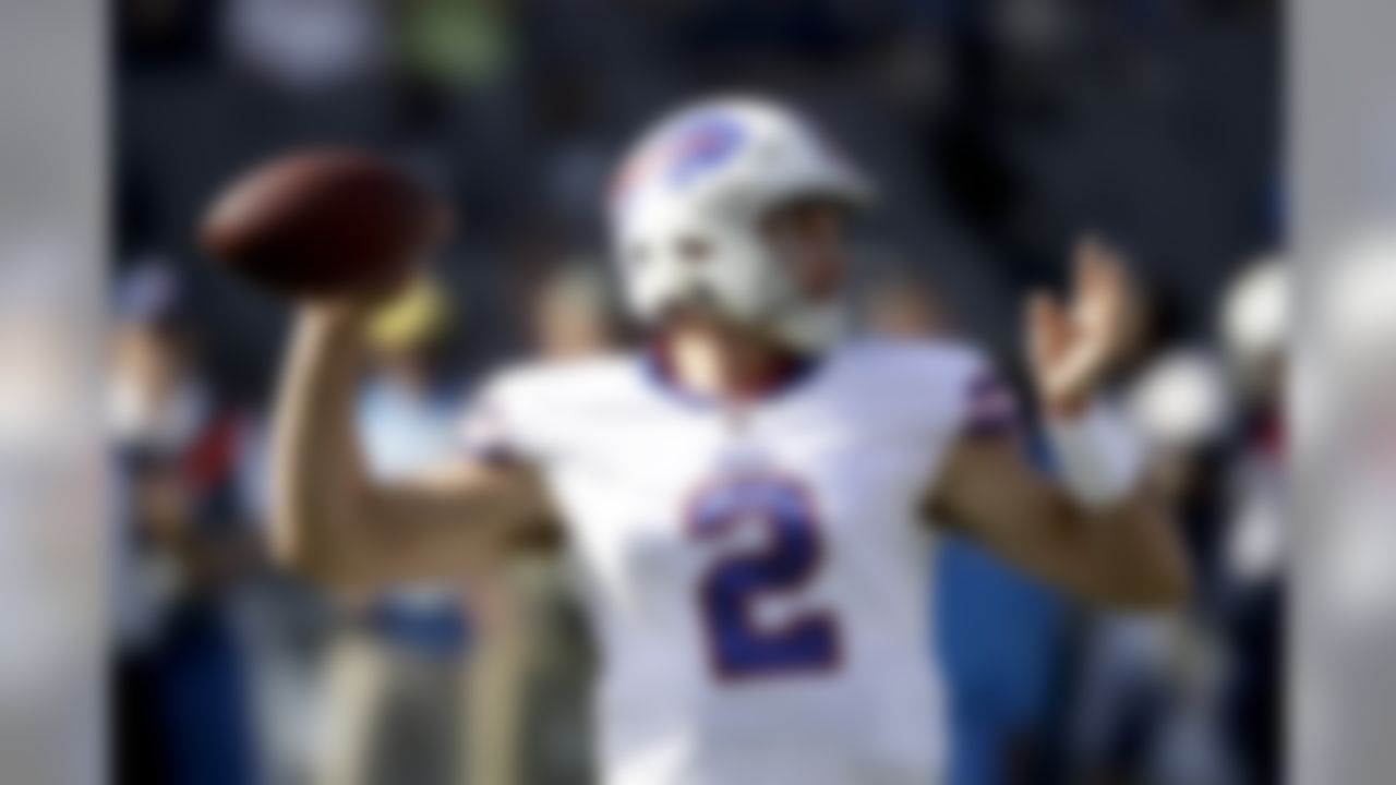 Buffalo Bills quarterback Nathan Peterman warms up before an NFL football game against the Los Angeles Chargers, Sunday, Nov. 19, 2017, in Carson, Calif. (AP Photo/Jae C. Hong)