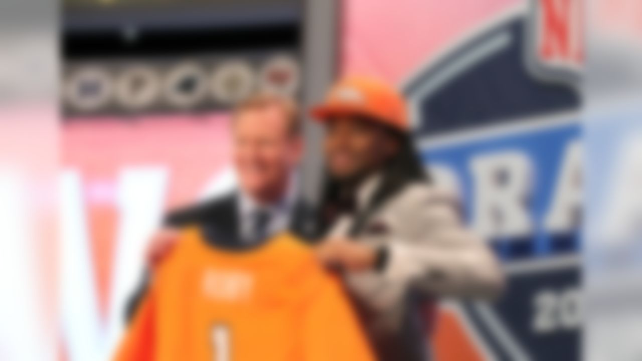 Bradley Roby poses for a picture with NFL Commissioner Roger Goodell after being selected but the Denver Broncos during the 2014 NFL Draft at Radio City Music Hall on May 8, 2014 in New York, NY.  (Perry Knotts/NFL)