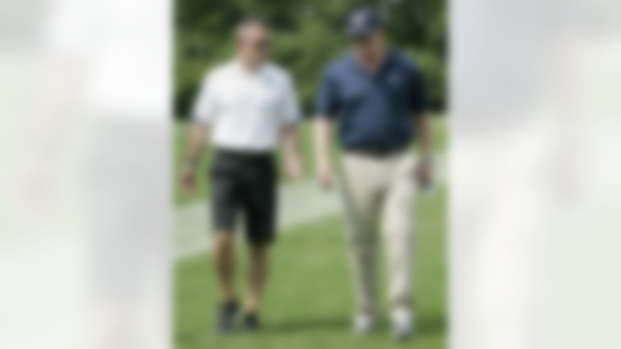Detroit Lions president Tom Lewand, left, talks with NFL Commissioner Roger Goodell during the Lions NFL football training camp, Thursday, Aug 2, 2012, in Allen Park, Mich. (AP Photo/Duane Burleson)