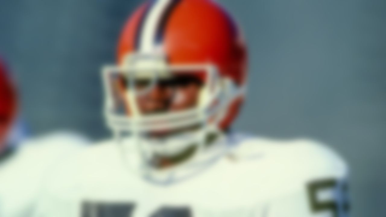 Cleveland Browns linebacker Chip Banks (56) looks into the backfield on September 4, 1982. The Browns defeated the Raiders 27-10.