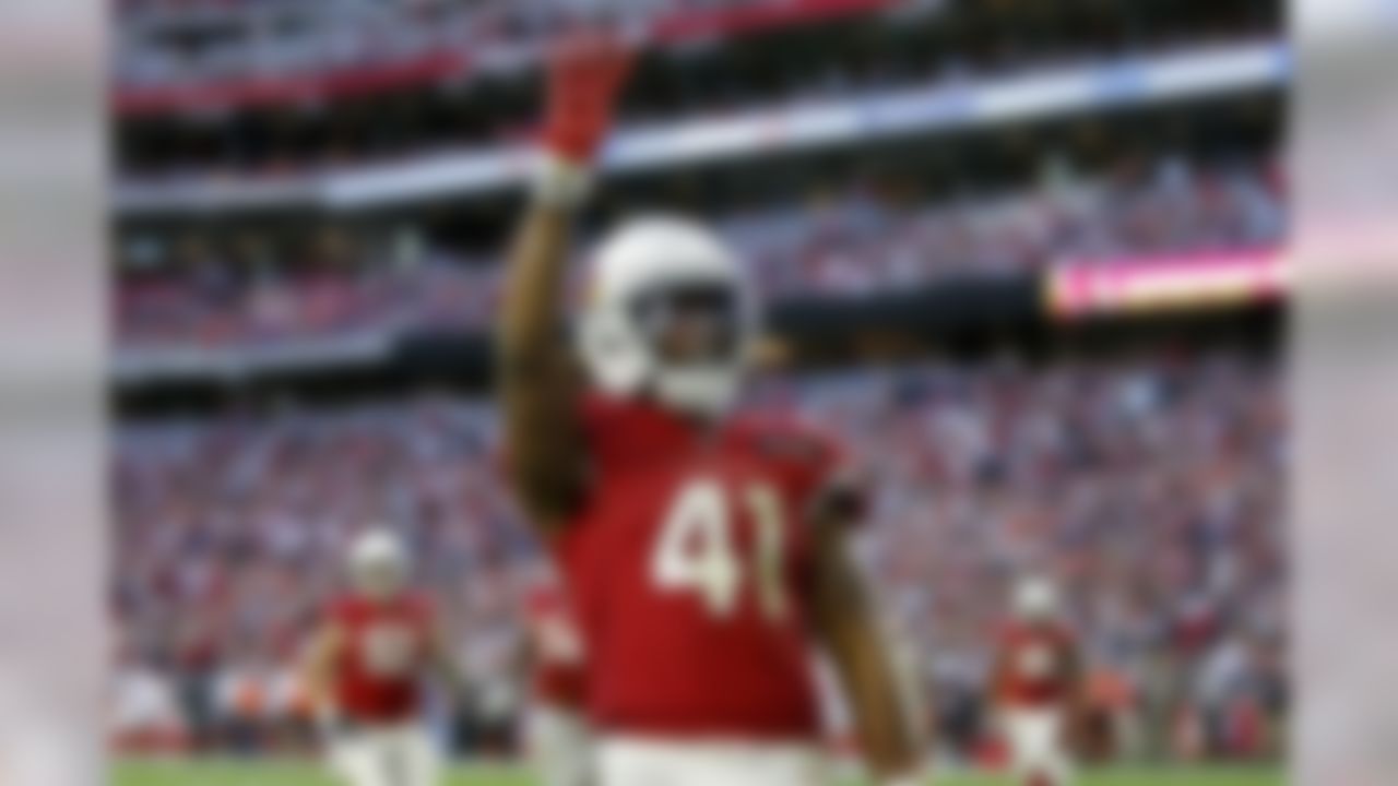 Arizona Cardinals running back Kenyan Drake (41) motions after his fourth touchdown of the game during the second half of an NFL football game against the Cleveland Browns, Sunday, Dec. 15, 2019, in Glendale, Ariz. (AP Photo/Ross D. Franklin)