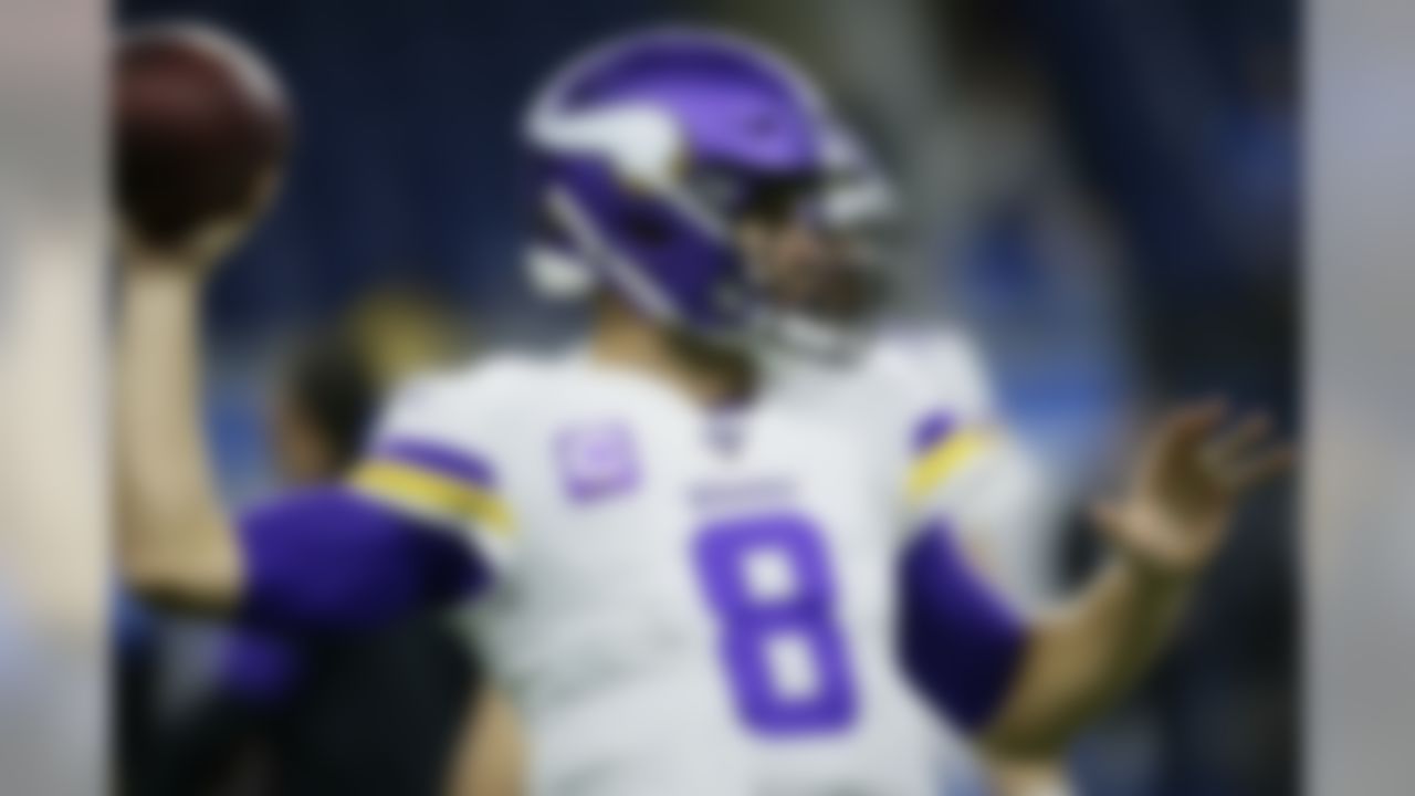 Minnesota Vikings quarterback Kirk Cousins throws during pregame of an NFL football game against the Detroit Lions, Sunday, Oct. 20, 2019, in Detroit. (AP Photo/Duane Burleson)