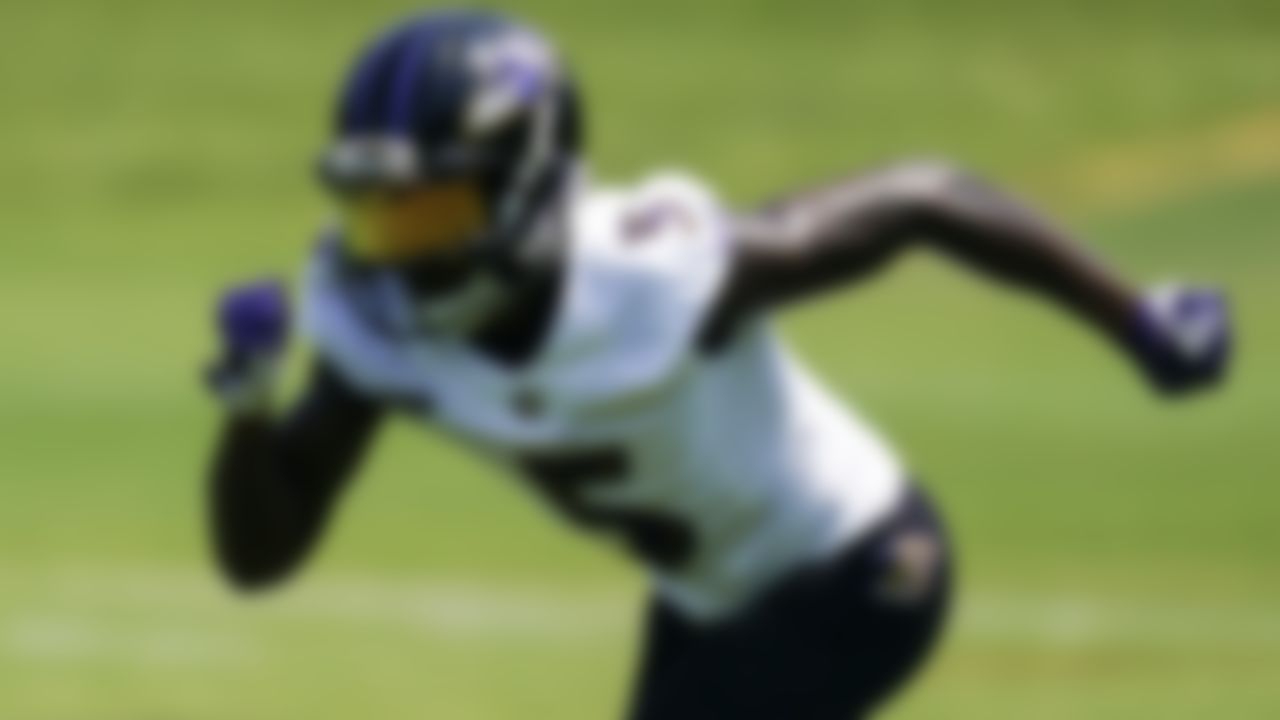 Baltimore Ravens wide receiver Marquise Brown works out during the team's NFL football organized team activities, Wednesday, May 26, 2021, in Owings Mills, Md.