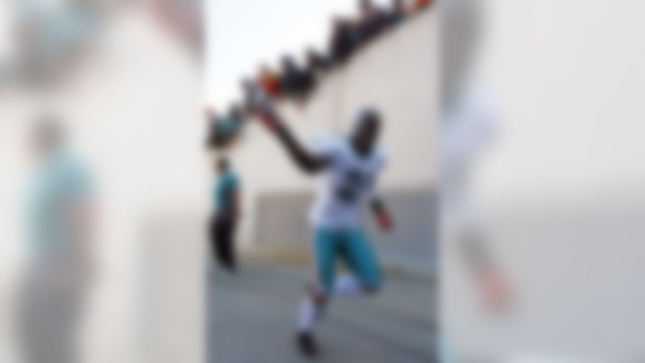 Miami Dolphins cornerback Vontae Davis celebrates as he leaves the field following their 22-14 win over the Cincinnati Bengals in an NFL football game, Sunday, Oct. 31, 2010, in Cincinnati. (AP Photo/Ed Reinke)