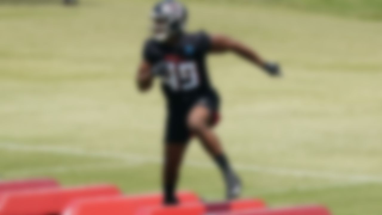 Atlanta Falcons linebacker Kobe Jones runs a drill during an OTA football practice Tuesday, May 25, 2021, in Flowery Branch, Ga.