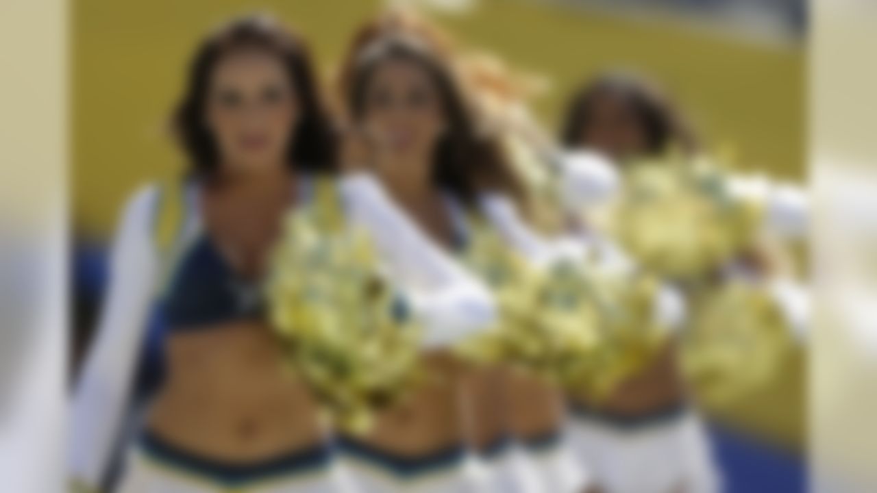 The San Diego Chargers cheerleaders perform as the Chargers play the Jacksonville Jaguars during the first half of an NFL football game Sunday, Sept. 28, 2014, in San Diego. (AP Photo/Gregory Bull)