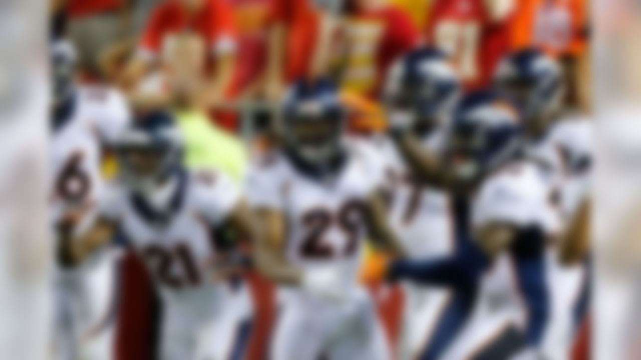 Denver Broncos cornerback Bradley Roby (29) celebrates after his interception for a touchdown during the NFL regular season game against the Kansas City Chiefs on Monday, Sept. 14, 2015 in Kansas City, MO. (Ric Tapia/NFL)